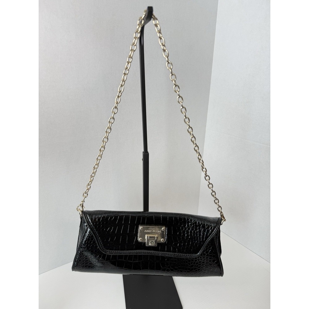 Anne Klein Evening Clutch Bag Faux Alligator Black Shiny Leather Gold Chain